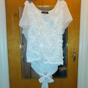 3 pc. White, blue & red sequins & flowers camisole-style tops w/bow in back